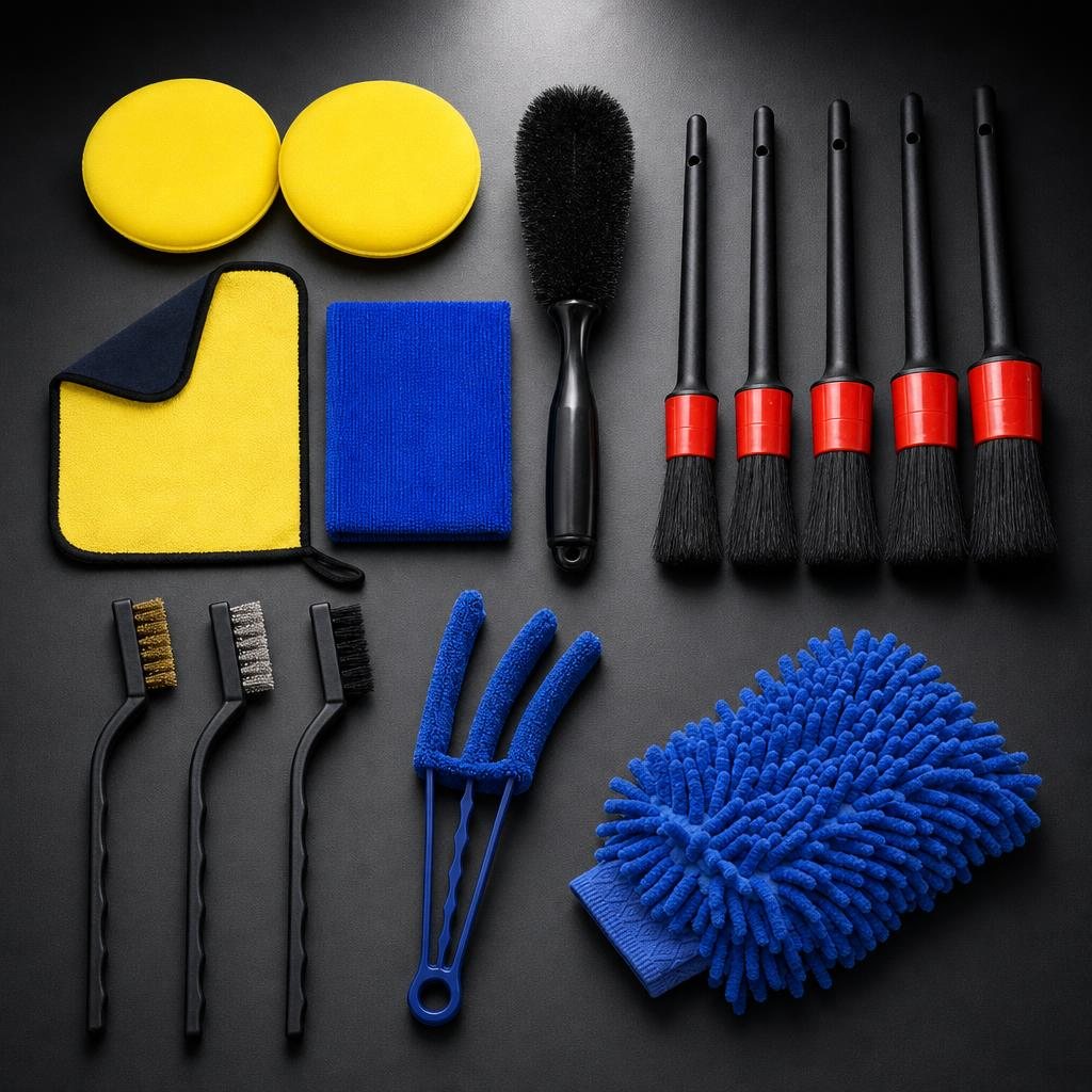 Las 15 piezas del kit de detallado sobre una superficie oscura